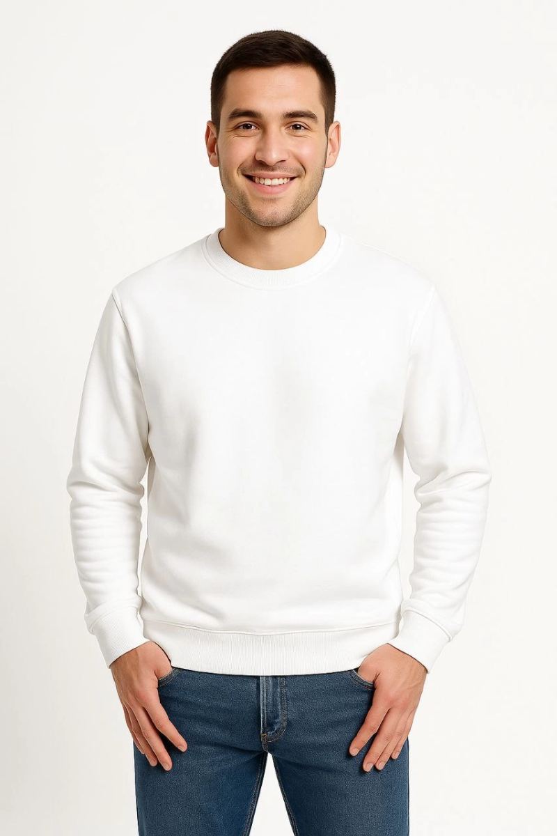 Erkek 3 İplik Pamuklu Düz Bisiklet Yaka SweatShirt - Beyaz