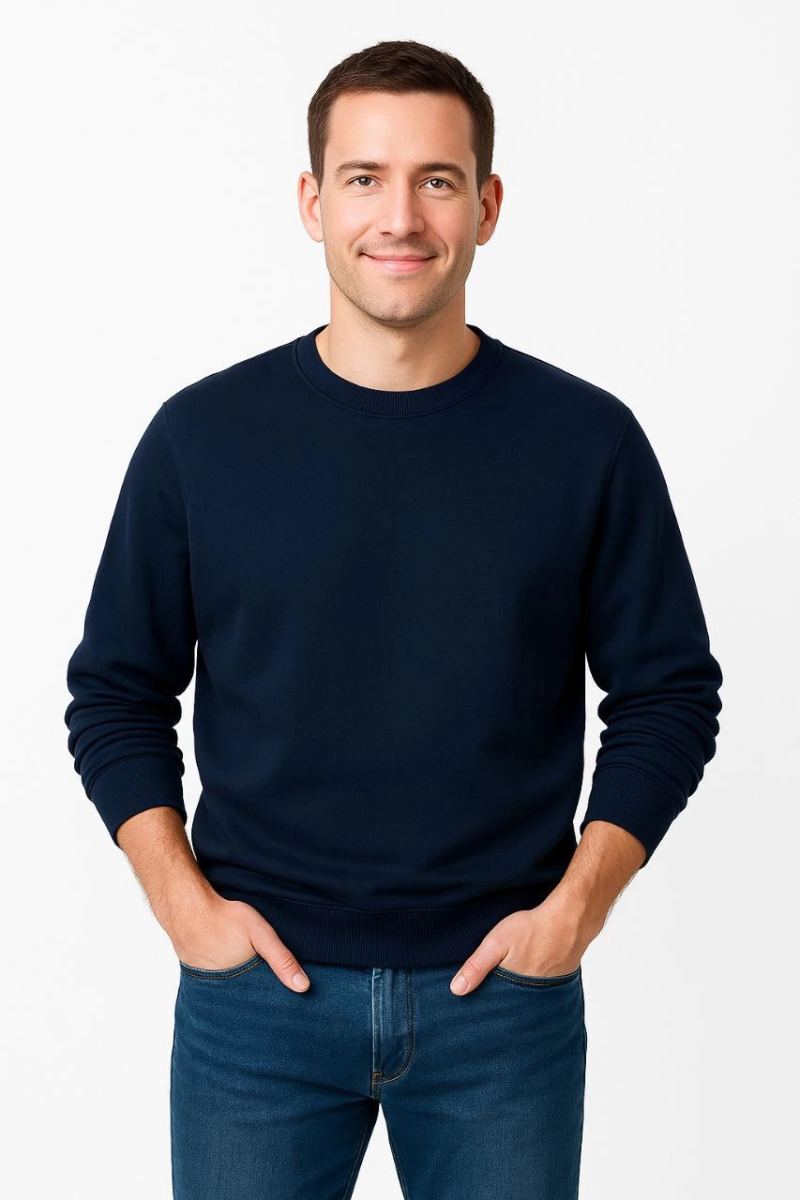 Erkek 3 İplik Pamuklu Düz Bisiklet Yaka SweatShirt - Lacivert