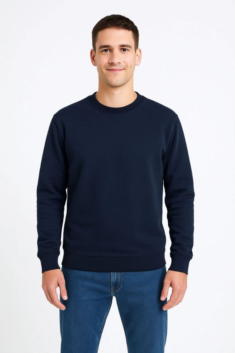 Erkek 3 İplik Pamuklu Düz Bisiklet Yaka SweatShirt - Lacivert
