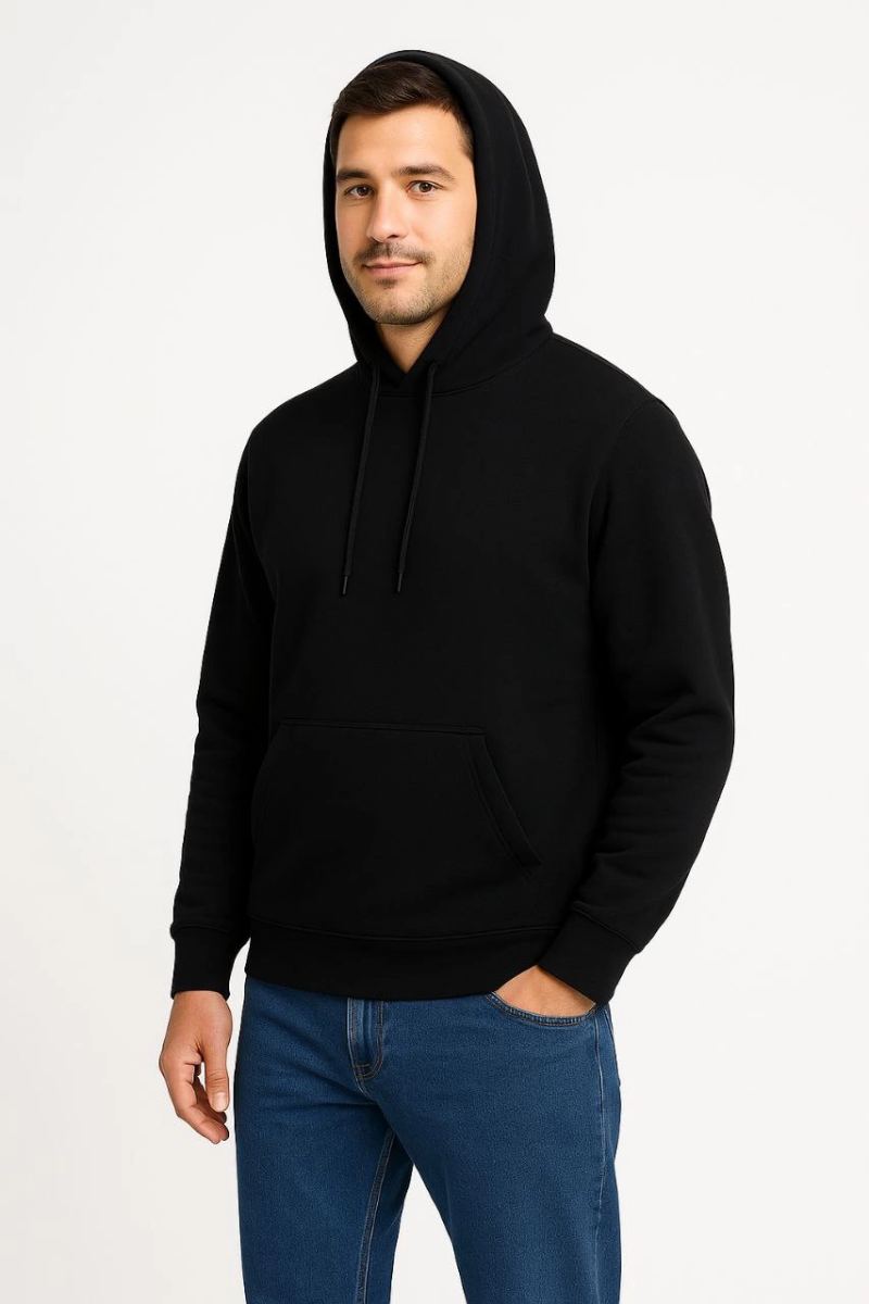 Erkek 3 İplik Pamuklu Kapüşonlu Kanguru Cepli SweatShirt hoodie - Siyah