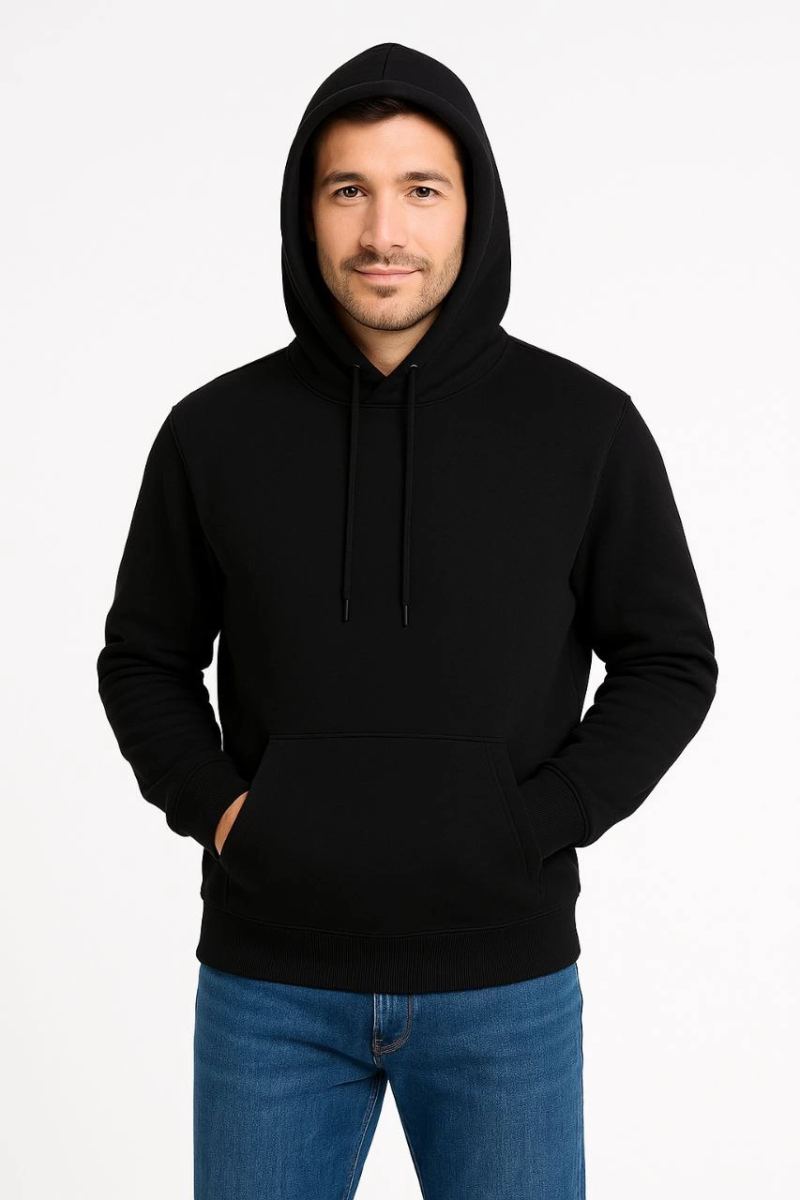 Erkek 3 İplik Pamuklu Kapüşonlu Kanguru Cepli SweatShirt hoodie - Siyah