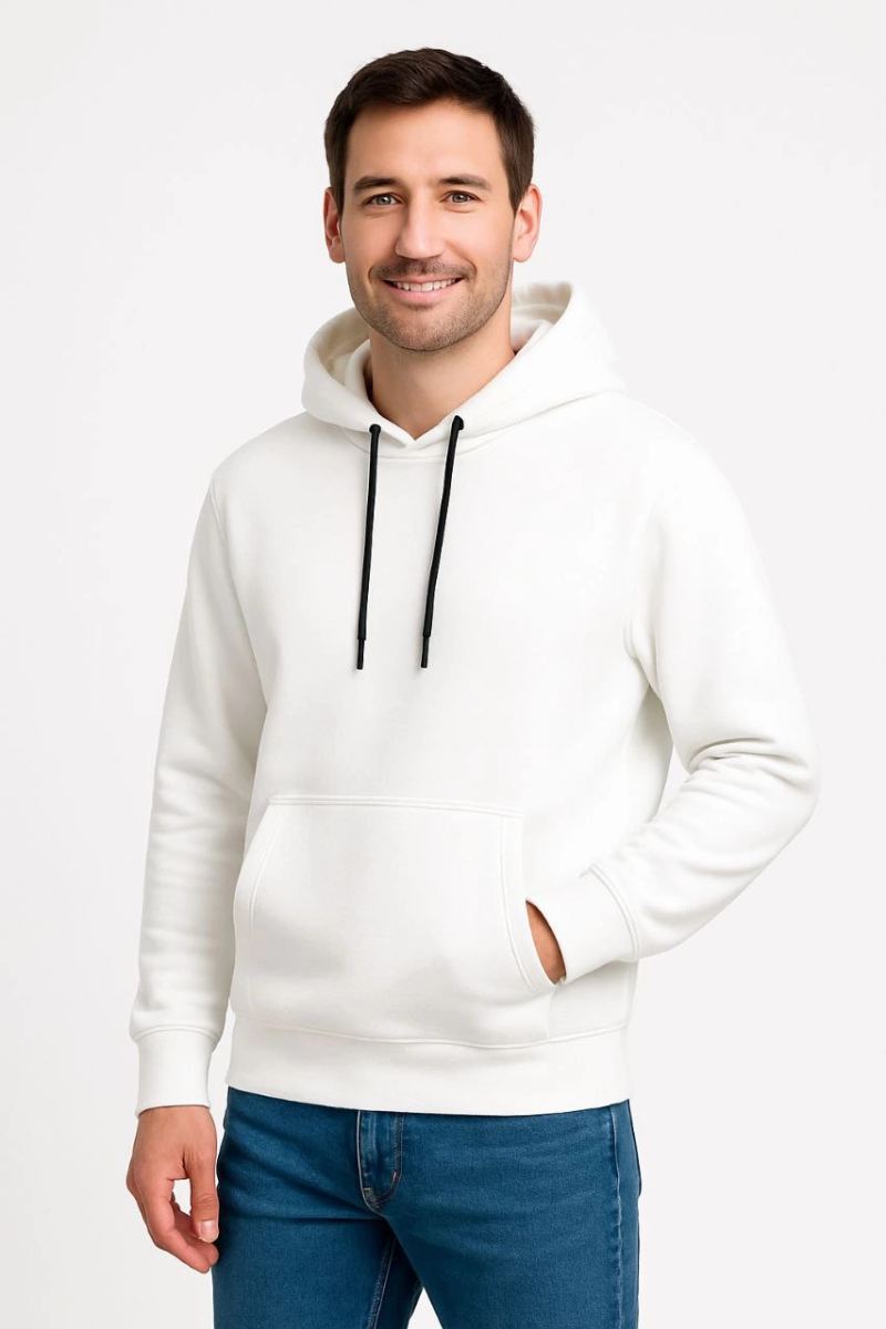 Erkek 3 İplik Pamuklu Kapüşonlu Kanguru Cepli SweatShirt hoodie - Beyaz