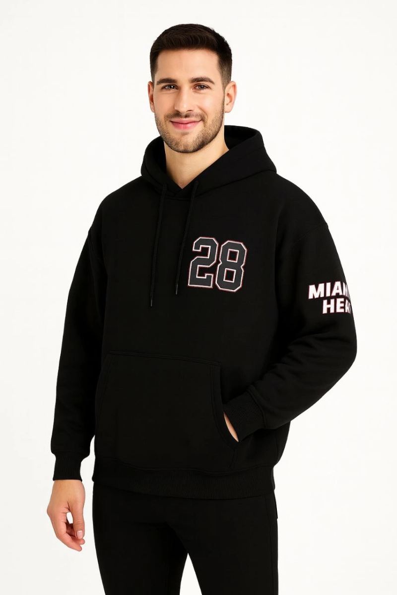 Erkek Kapüşonlu Kanguru Cepli Sweatshirt 3 İplik Pamuklu Baskılı Hoodie - Siyah