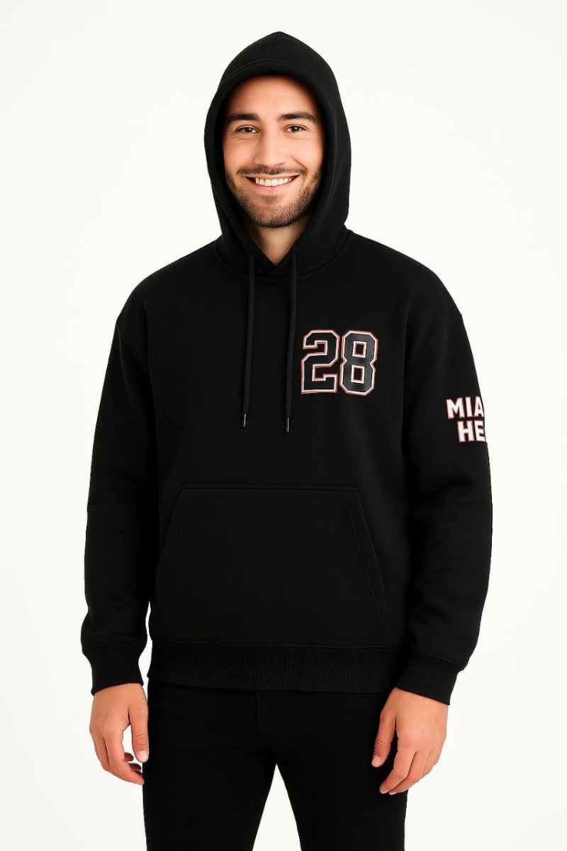 Erkek Kapüşonlu Kanguru Cepli Sweatshirt 3 İplik Pamuklu Baskılı Hoodie - Siyah