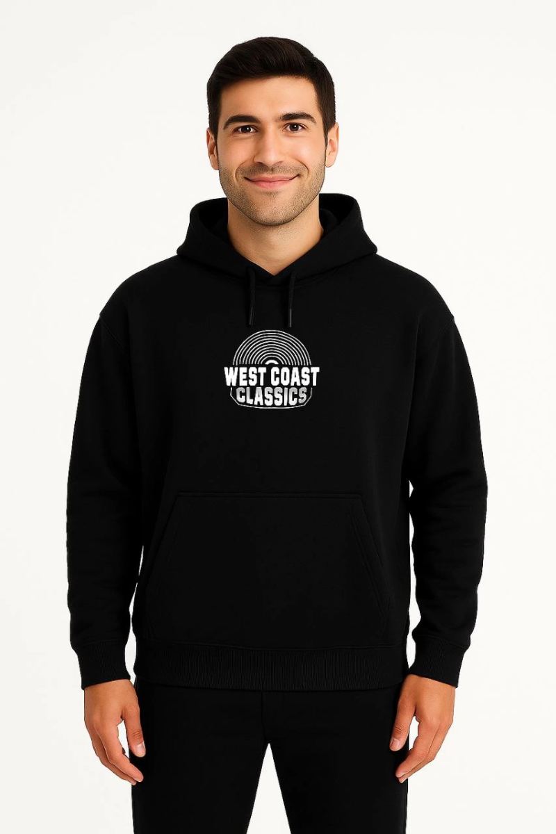 Erkek Kapüşonlu Kanguru Cepli Sweatshirt 3 İplik Pamuklu Baskılı Hoodie -  Siyah