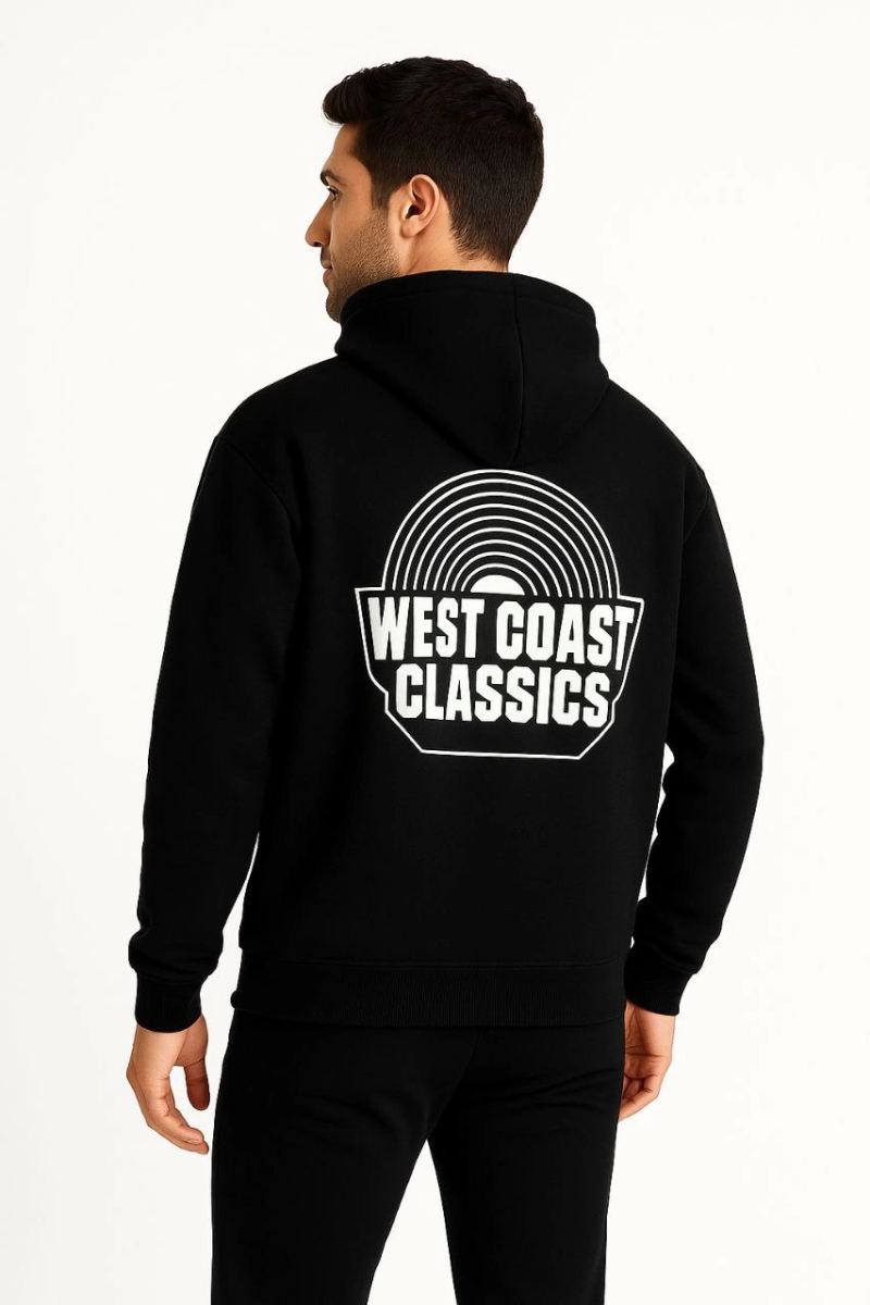 Erkek Kapüşonlu Kanguru Cepli Sweatshirt 3 İplik Pamuklu Baskılı Hoodie -  Siyah