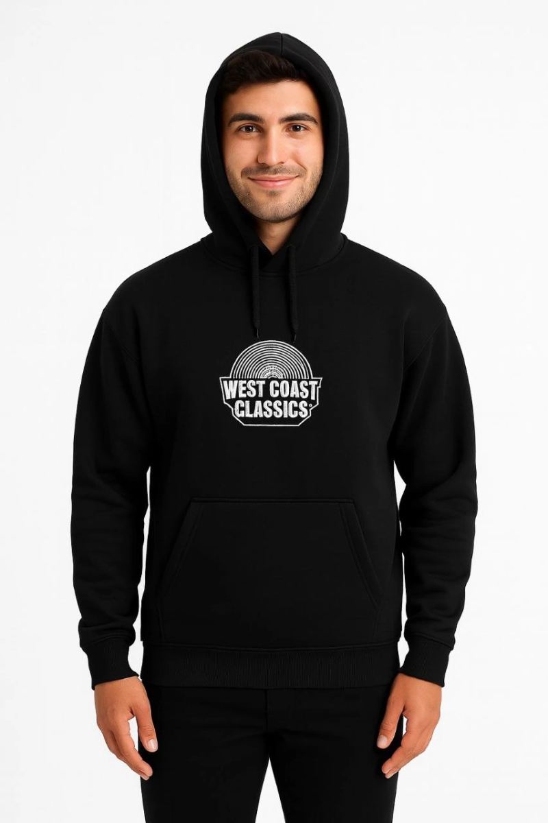 Erkek Kapüşonlu Kanguru Cepli Sweatshirt 3 İplik Pamuklu Baskılı Hoodie -  Siyah