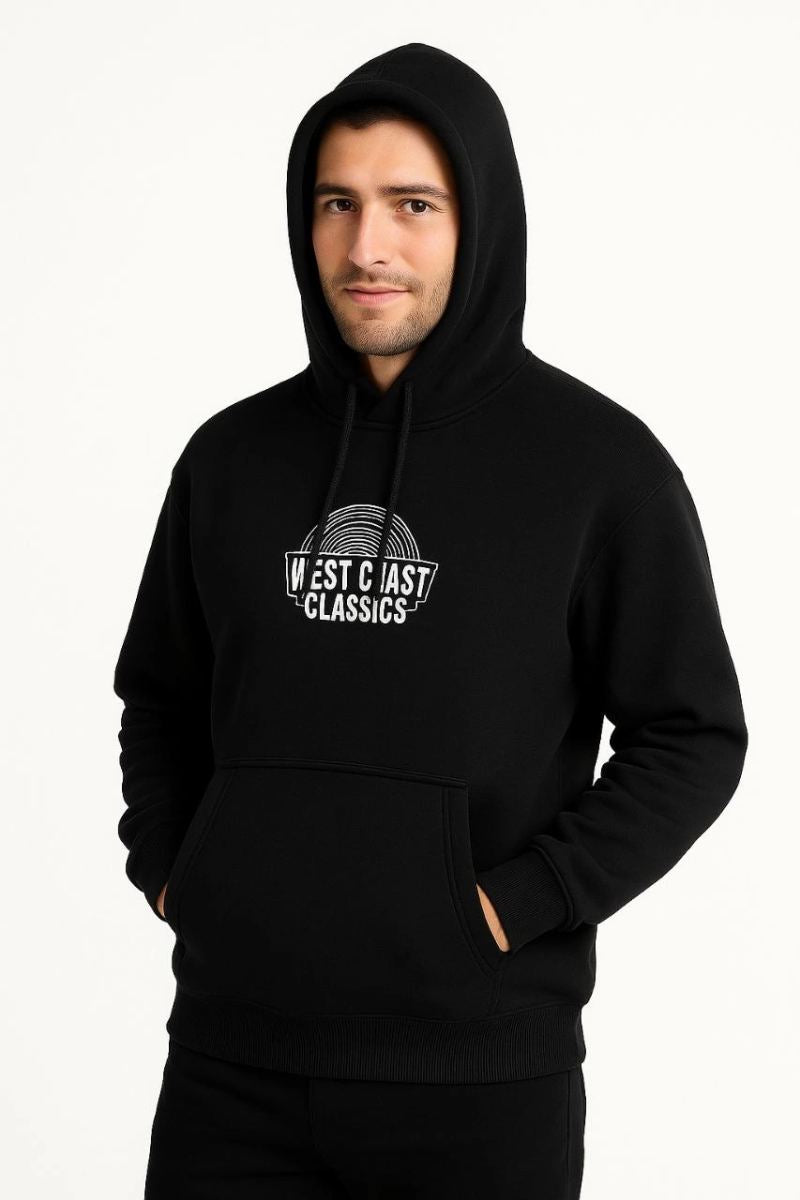 Erkek Kapüşonlu Kanguru Cepli Sweatshirt 3 İplik Pamuklu Baskılı Hoodie -  Siyah