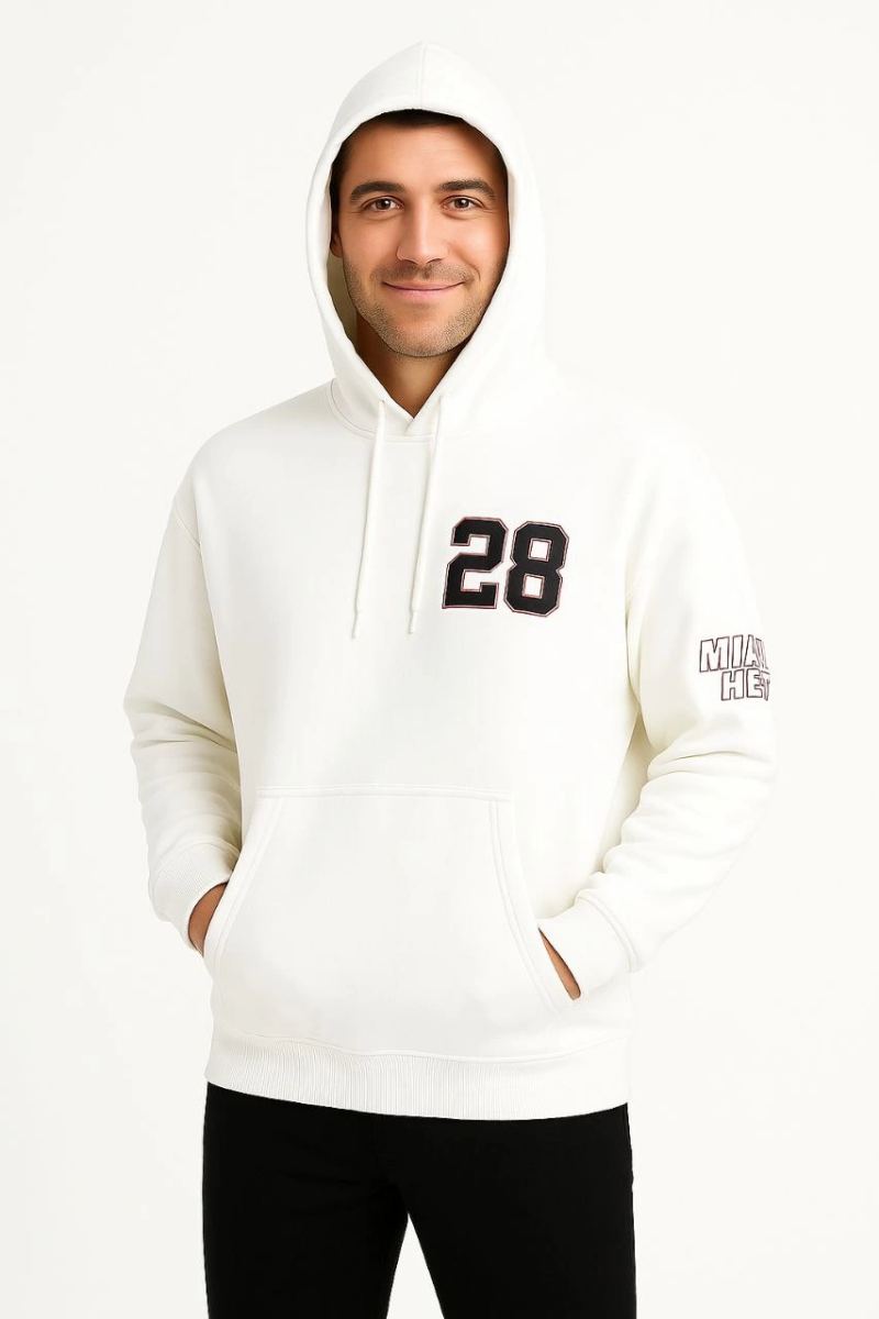 Erkek Kapüşonlu Kanguru Cepli Sweatshirt 3 İplik Pamuklu Baskılı Hoodie - Beyaz