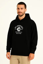 Erkek Kapüşonlu Kanguru Cepli Sweatshirt 3 İplik Pamuklu Baskılı Hoodie - Siyah