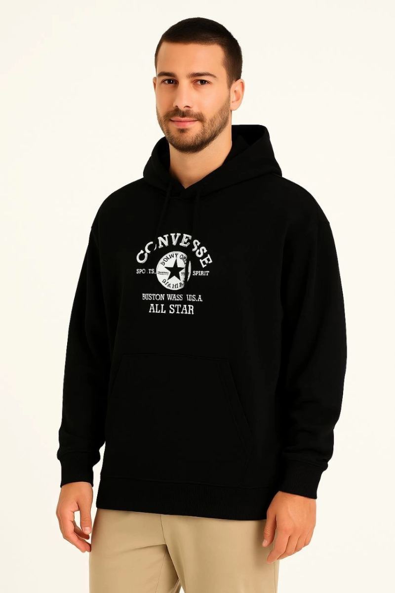 Erkek Kapüşonlu Kanguru Cepli Sweatshirt 3 İplik Pamuklu Baskılı Hoodie - Siyah