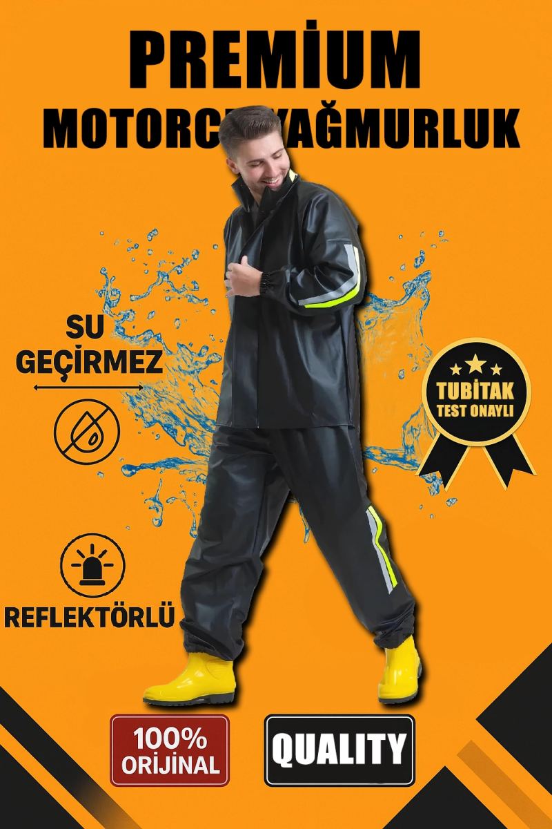 Erkek Premium Motorcu Kurye Yağmurluk Takım Su Geçirmez PVC Kumaş Reflektörlü  - Siyah