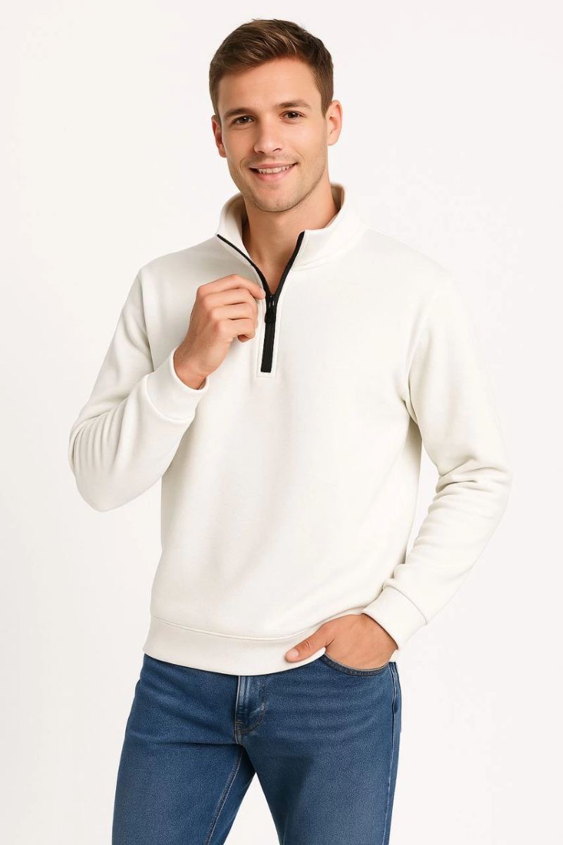 Erkek Dik Yaka Yarım Fermuarlı 3 İplik Pamuklu Sweatshirt - Beyaz