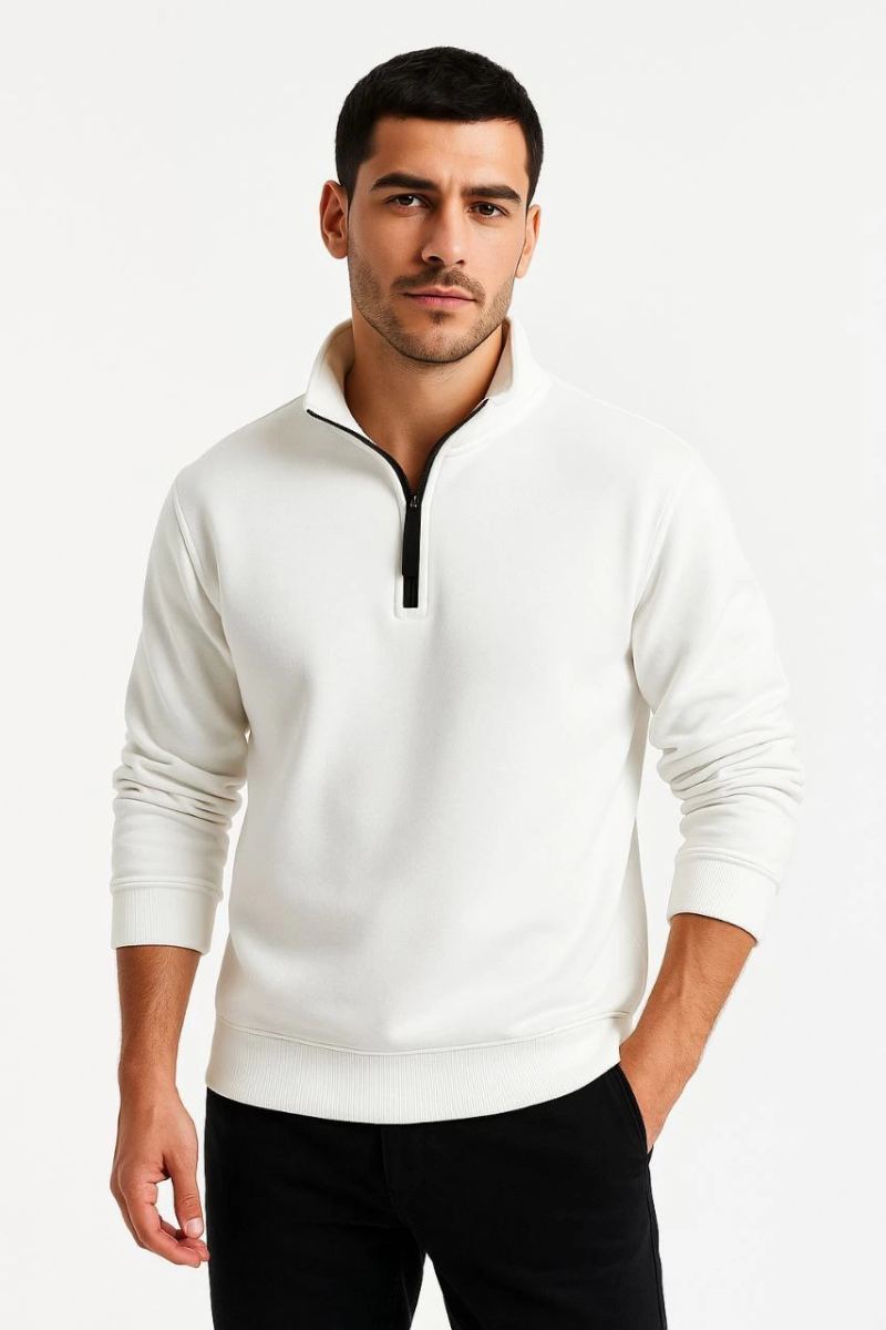 Erkek Dik Yaka Yarım Fermuarlı 3 İplik Pamuklu Sweatshirt - Beyaz