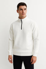 Erkek Dik Yaka Yarım Fermuarlı 3 İplik Pamuklu Sweatshirt - Beyaz