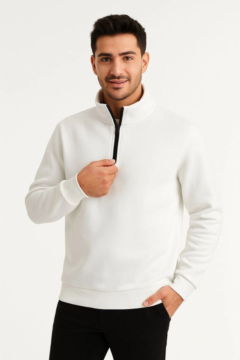 Erkek Dik Yaka Yarım Fermuarlı 3 İplik Pamuklu Sweatshirt - Beyaz