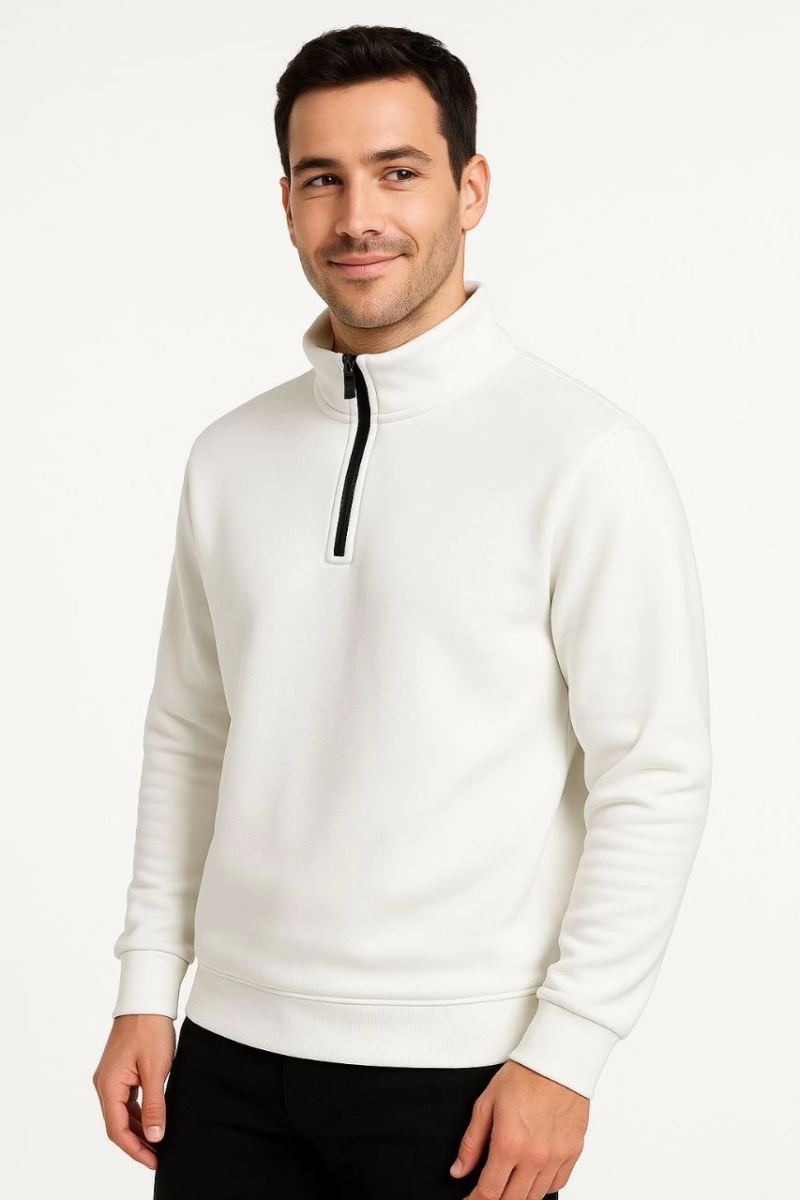 Erkek Dik Yaka Yarım Fermuarlı 3 İplik Pamuklu Sweatshirt - Beyaz