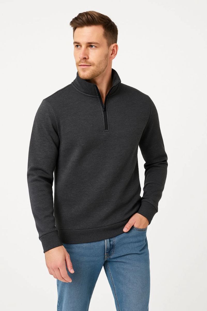 Erkek Dik Yaka Yarım Fermuarlı 3 İplik Pamuklu Sweatshirt -  Antrasit