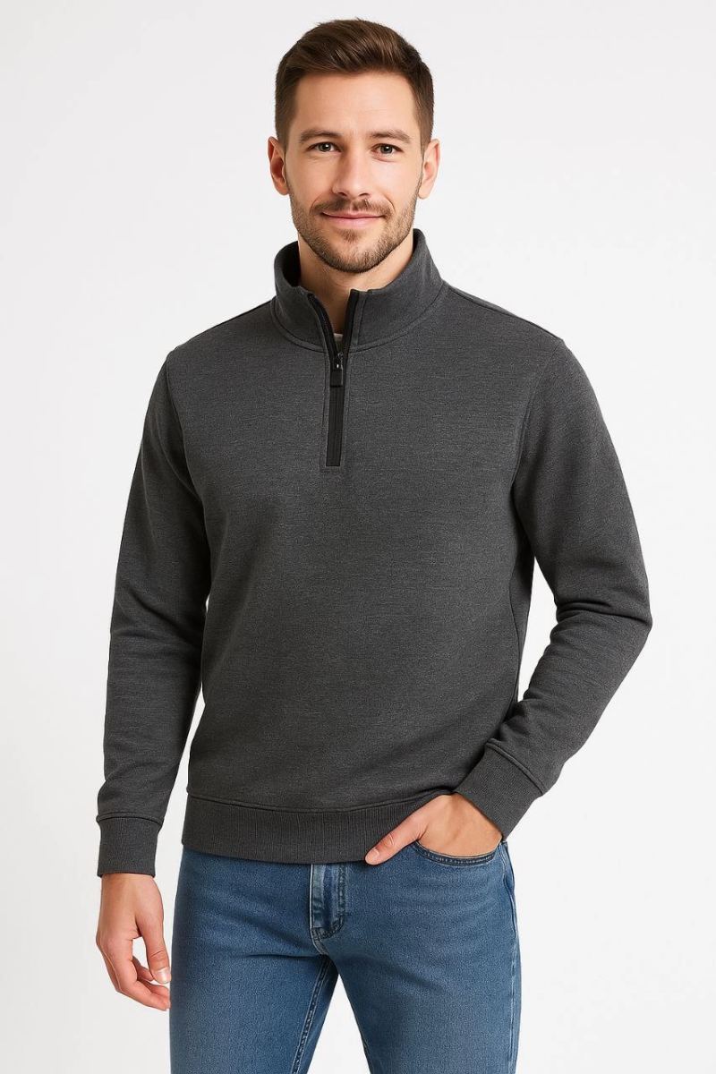 Erkek Dik Yaka Yarım Fermuarlı 3 İplik Pamuklu Sweatshirt -  Antrasit