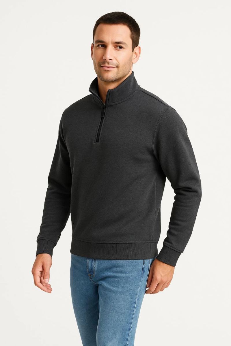 Erkek Dik Yaka Yarım Fermuarlı 3 İplik Pamuklu Sweatshirt -  Antrasit