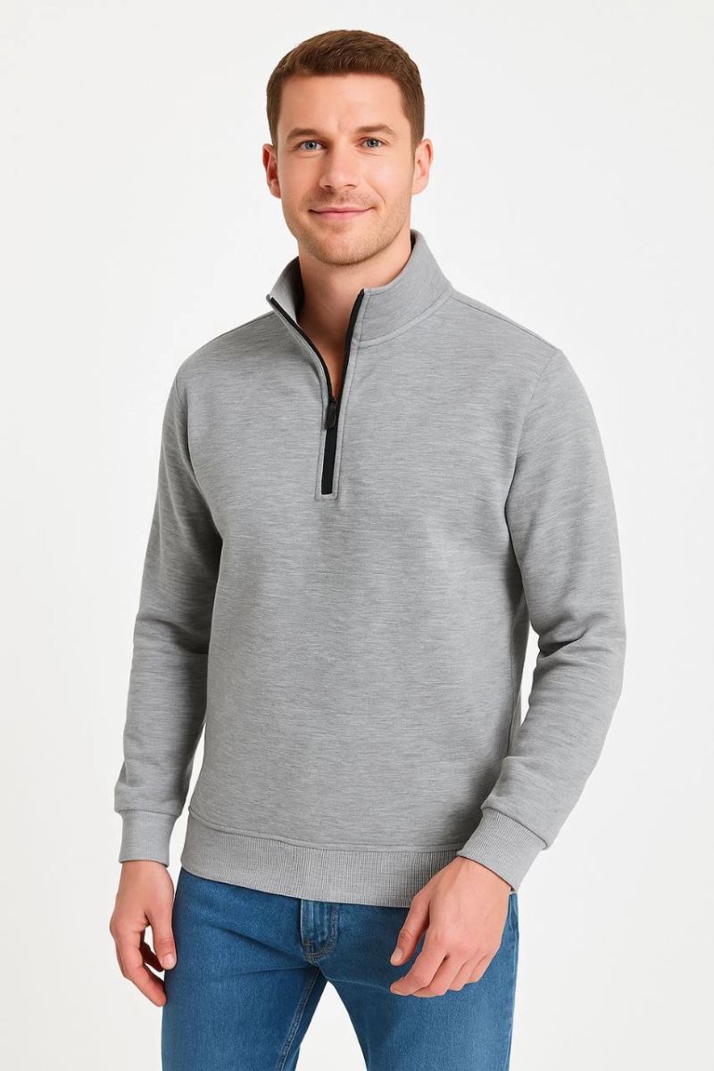 Erkek Dik Yaka Yarım Fermuarlı 3 İplik Pamuklu Sweatshirt - Gri