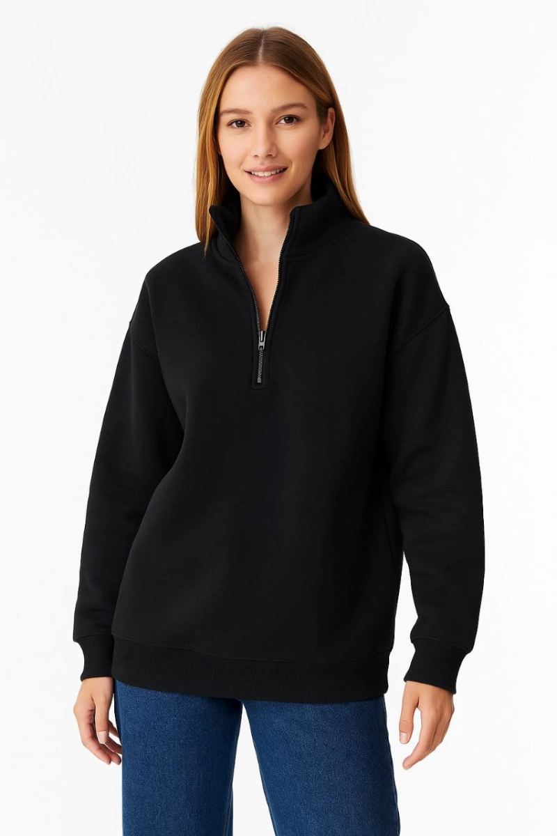 Kadın 3 İplik Pamuklu Dık Yaka Yarım Fermuarlı SweatShirt - Siyah