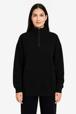 Kadın 3 İplik Pamuklu Dık Yaka Yarım Fermuarlı SweatShirt - Siyah