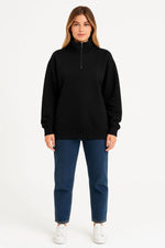 Kadın 3 İplik Pamuklu Dık Yaka Yarım Fermuarlı SweatShirt - Siyah