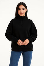 Kadın 3 İplik Pamuklu Dık Yaka Yarım Fermuarlı SweatShirt - Siyah