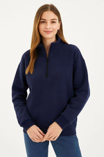 Kadın 3 İplik Pamuklu Dık Yaka Yarım Fermuarlı SweatShirt - Lacivert