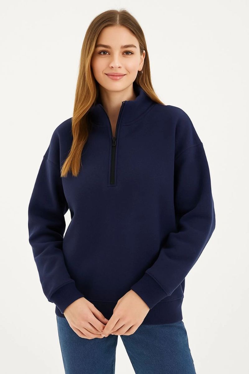 Kadın 3 İplik Pamuklu Dık Yaka Yarım Fermuarlı SweatShirt - Lacivert