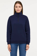 Kadın 3 İplik Pamuklu Dık Yaka Yarım Fermuarlı SweatShirt - Lacivert