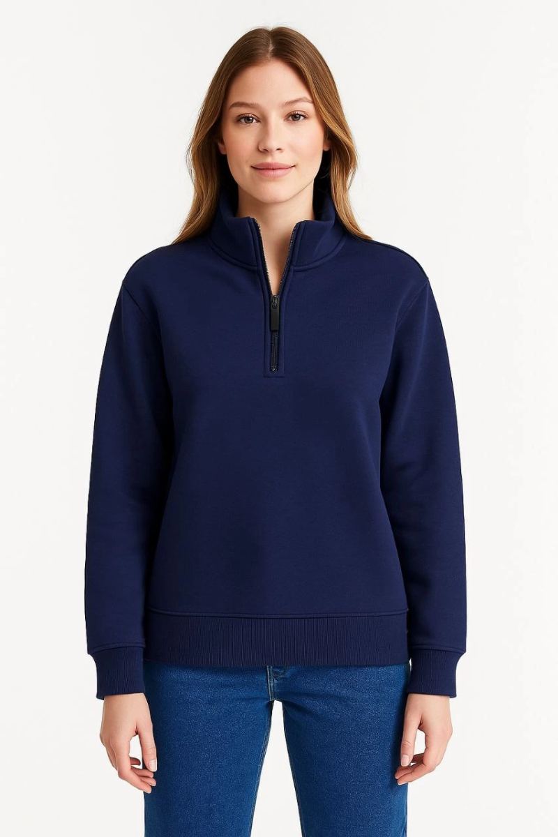 Kadın 3 İplik Pamuklu Dık Yaka Yarım Fermuarlı SweatShirt - Lacivert