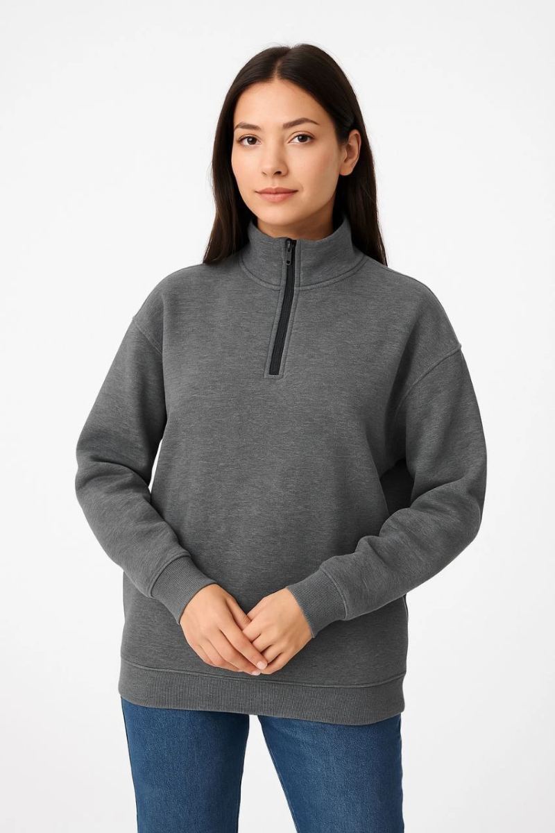 Kadın 3 İplik Pamuklu Dık Yaka Yarım Fermuarlı SweatShirt - Antrasit