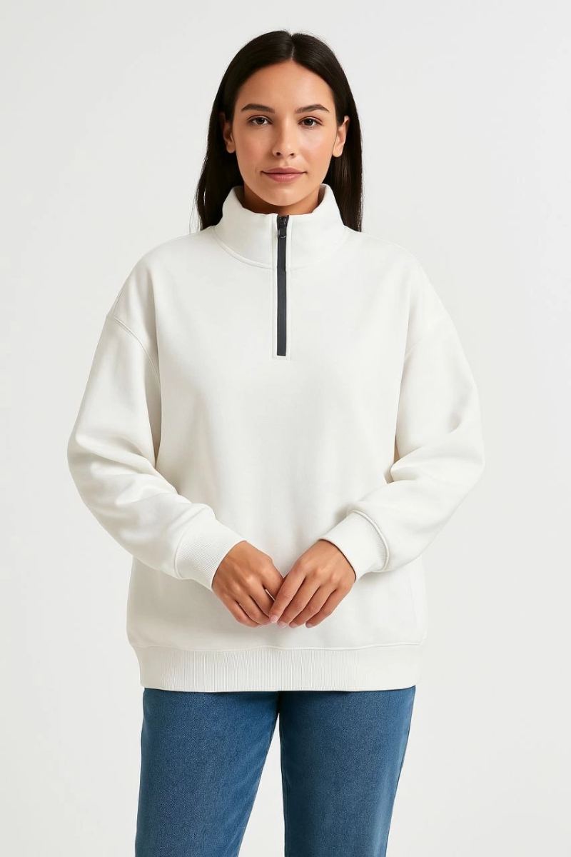 Kadın 3 İplik Pamuklu Dık Yaka Yarım Fermuarlı SweatShirt - Beyaz