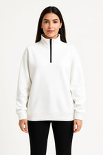 Kadın 3 İplik Pamuklu Dık Yaka Yarım Fermuarlı SweatShirt - Beyaz