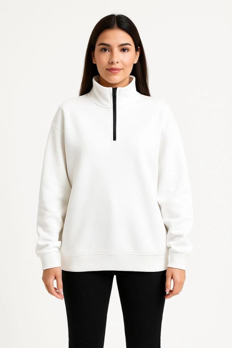 Kadın 3 İplik Pamuklu Dık Yaka Yarım Fermuarlı SweatShirt - Beyaz