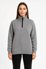 Kadın 3 İplik Pamuklu Dık Yaka Yarım Fermuarlı SweatShirt - Gri