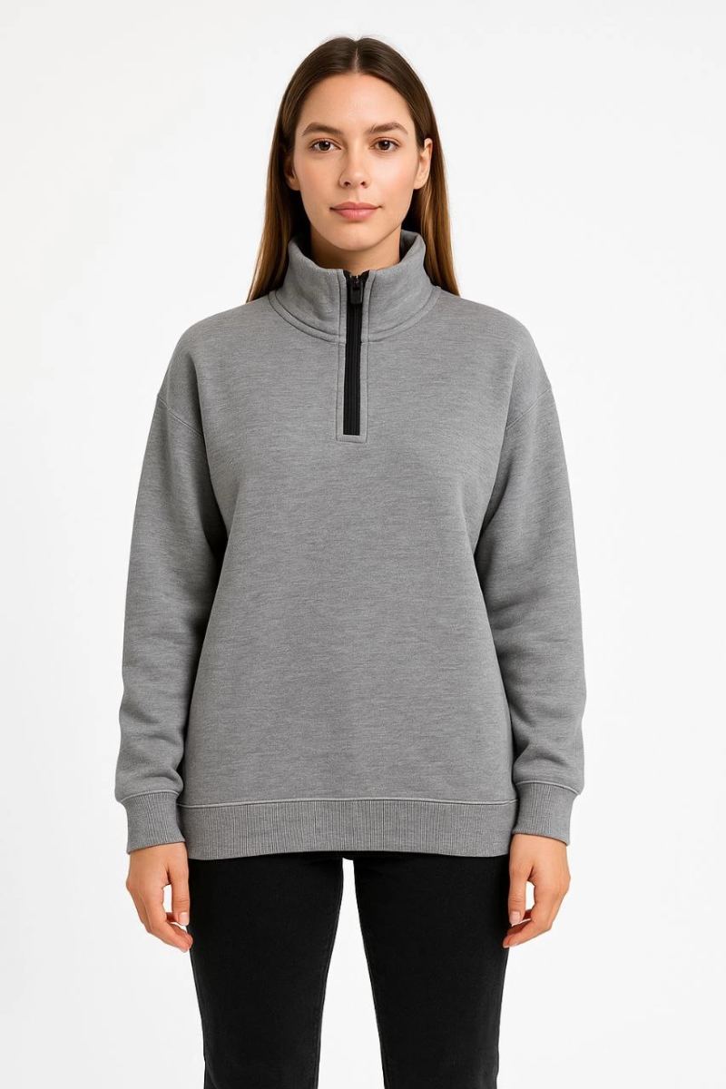 Kadın 3 İplik Pamuklu Dık Yaka Yarım Fermuarlı SweatShirt - Gri