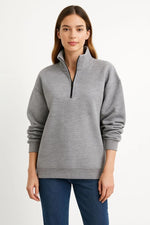 Kadın 3 İplik Pamuklu Dık Yaka Yarım Fermuarlı SweatShirt - Gri