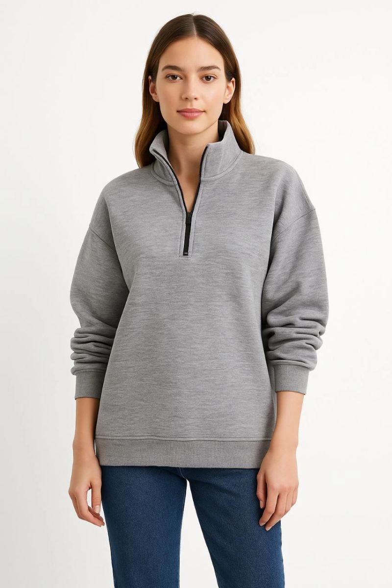Kadın 3 İplik Pamuklu Dık Yaka Yarım Fermuarlı SweatShirt - Gri