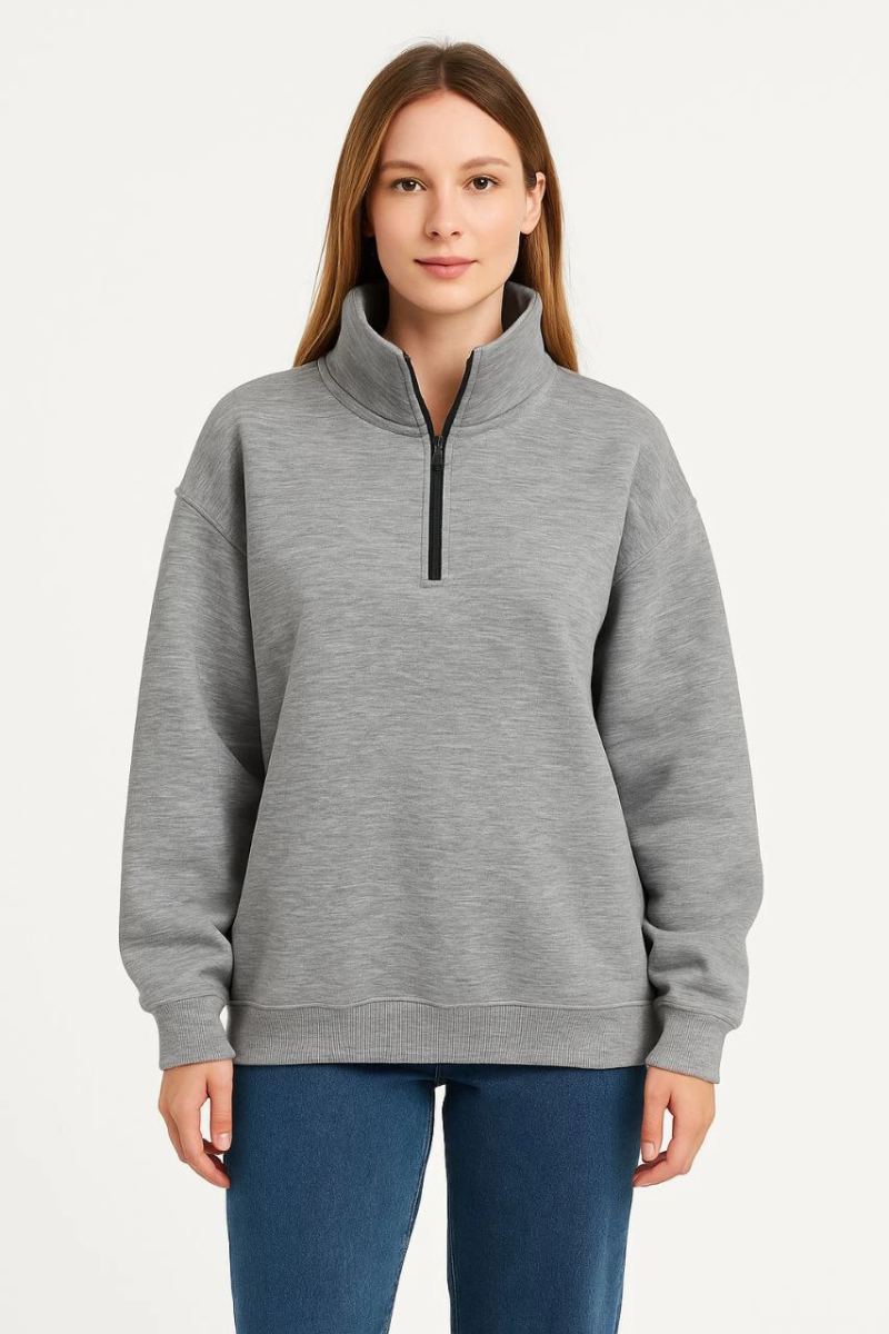 Kadın 3 İplik Pamuklu Dık Yaka Yarım Fermuarlı SweatShirt - Gri