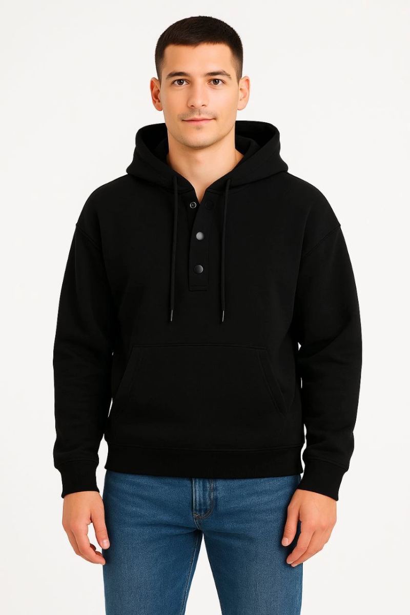 Erkek Kapüşonlu Hoodie Cepli Çıtçıtlı 3 İplik Pamuklu Sweatshirt - Siyah