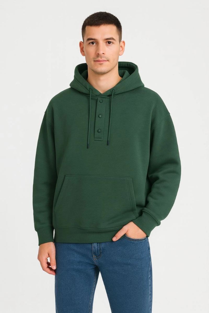 Erkek Kapüşonlu Hoodie Cepli Çıtçıtlı 3 İplik Pamuklu Sweatshirt - Haki