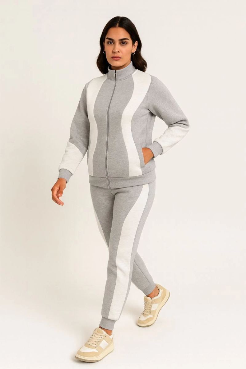 Kadın Premium Parçalı Eşofman Alt-Üst Takım - Dik Yaka Fermuarlı Sweatshirt - Gri