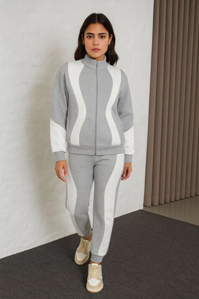 Kadın Premium Parçalı Eşofman Alt-Üst Takım - Dik Yaka Fermuarlı Sweatshirt - Gri