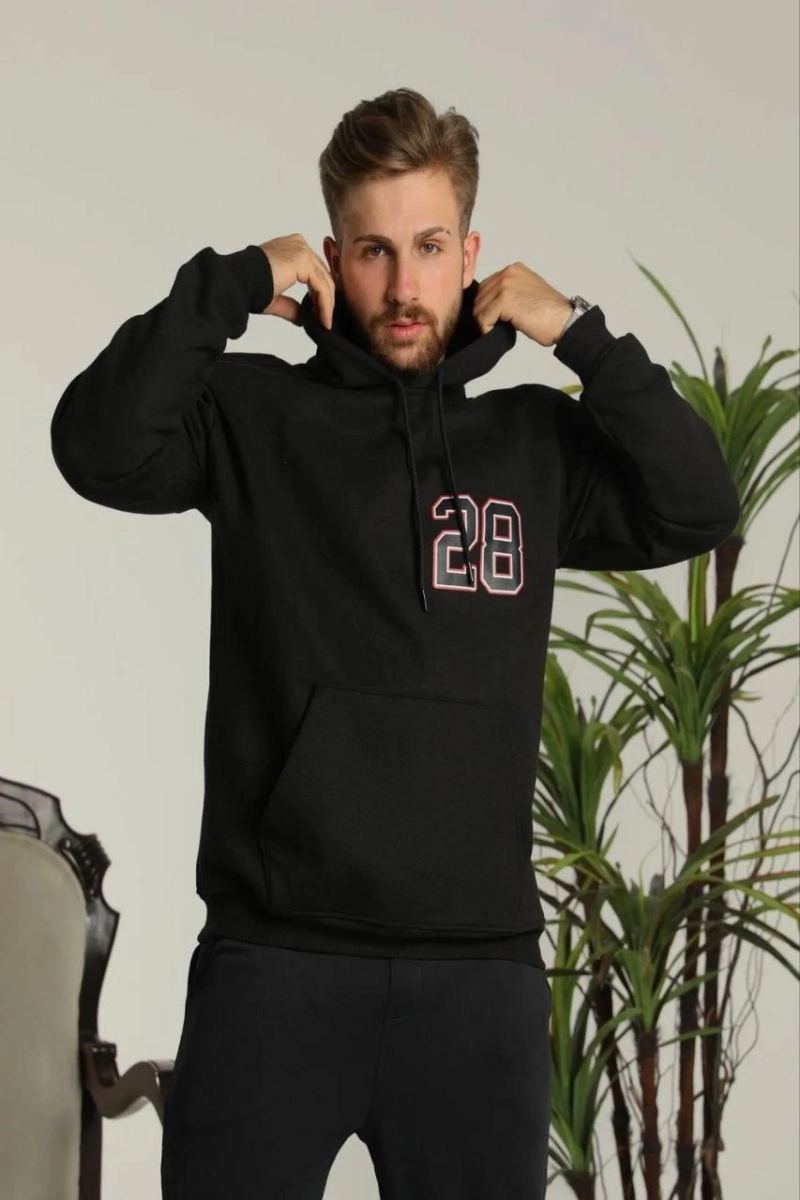 Erkek 3 İplik Pamuklu Kapüşonlu Baskılı Cepli Oversize Sweatshirt Hoodie - Siyah