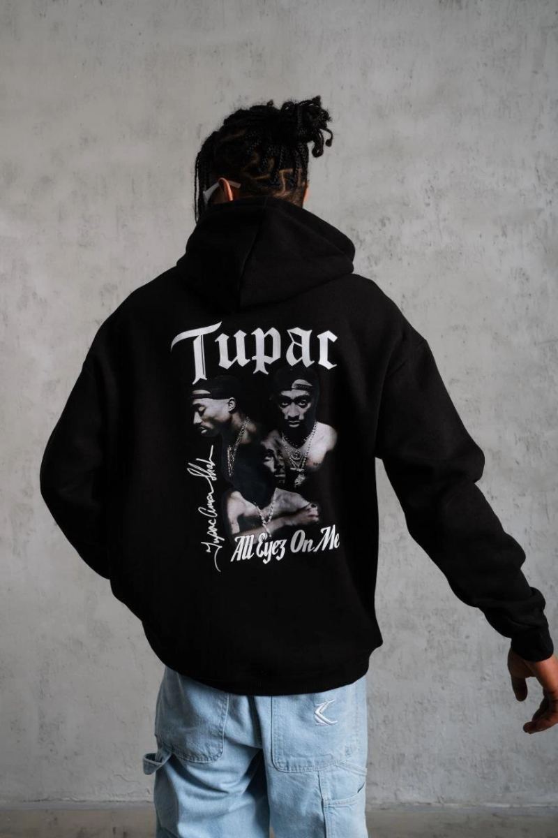 Erkek Kapüşonlu Kanguru Cepli Sweatshirt 3 İplik Pamuklu Baskılı Hoodie - Siyah