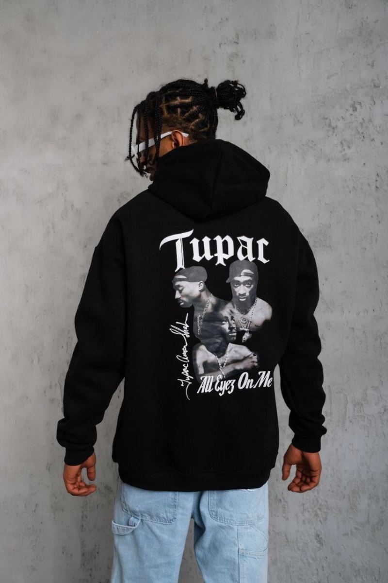 Erkek Kapüşonlu Kanguru Cepli Sweatshirt 3 İplik Pamuklu Baskılı Hoodie - Siyah