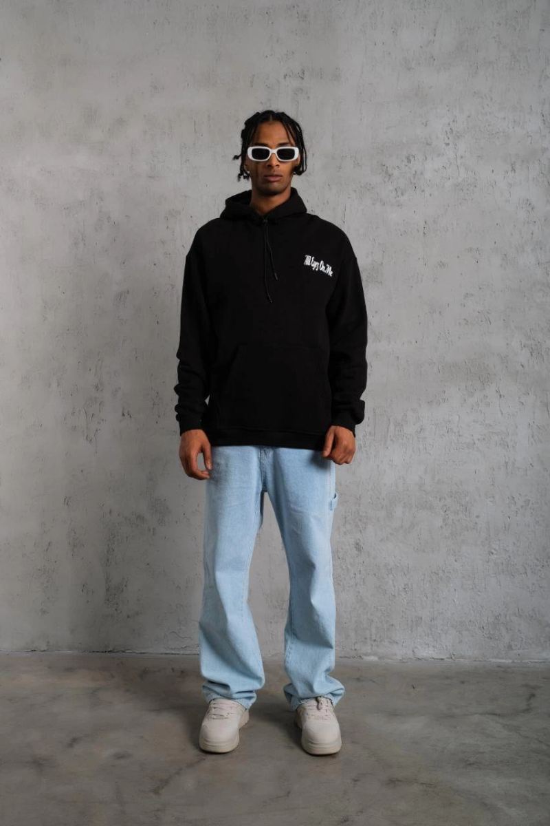 Erkek Kapüşonlu Kanguru Cepli Sweatshirt 3 İplik Pamuklu Baskılı Hoodie - Siyah